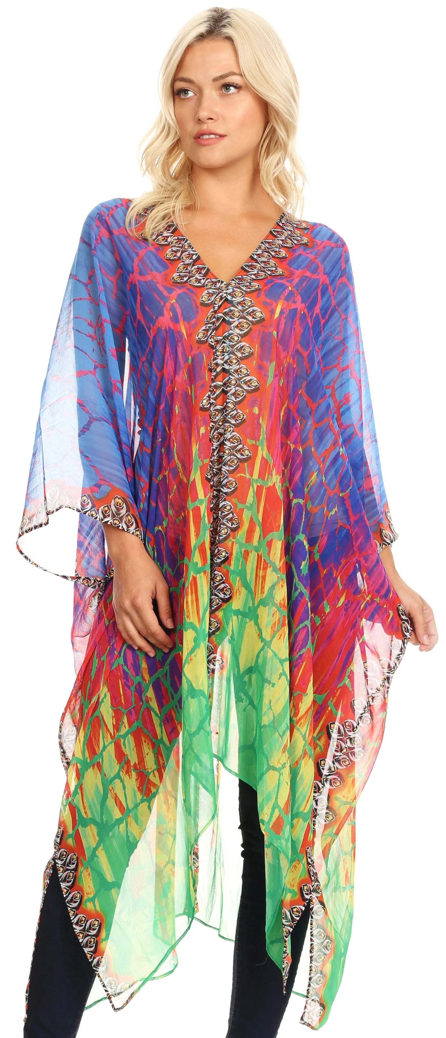 Sakkas Livi  Women's V Neck Beach Dress Cover up Caftan Top Loose with Rhinestone