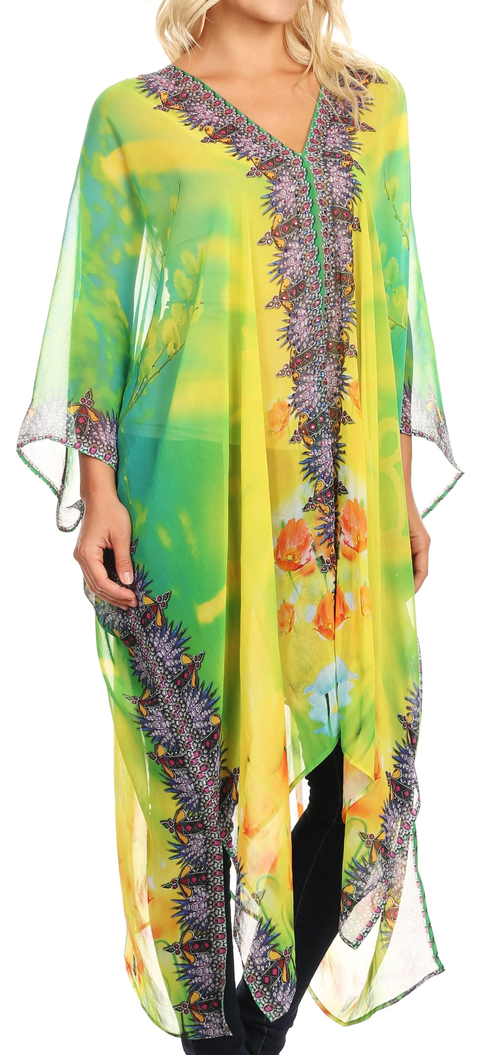 Sakkas Livi  Women's V Neck Beach Dress Cover up Caftan Top Loose with Rhinestone