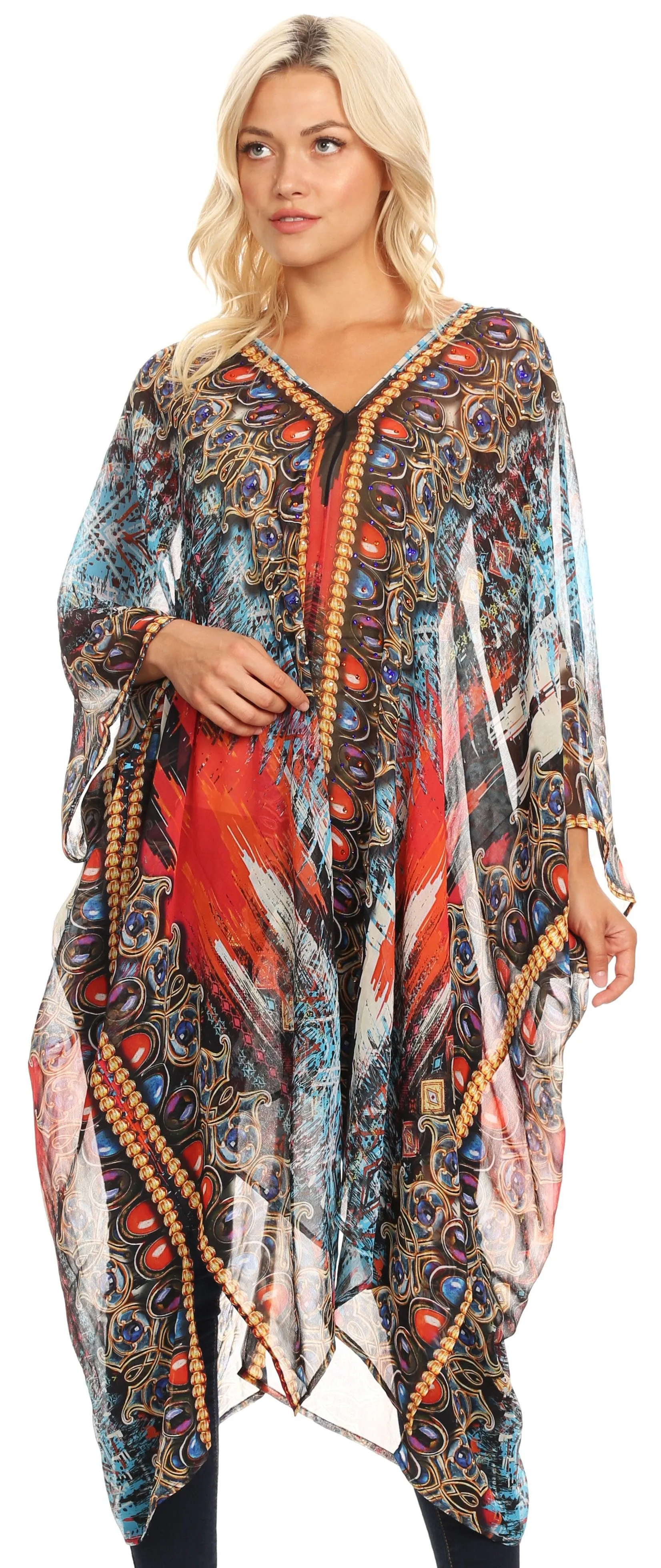 Sakkas Livi  Women's V Neck Beach Dress Cover up Caftan Top Loose with Rhinestone