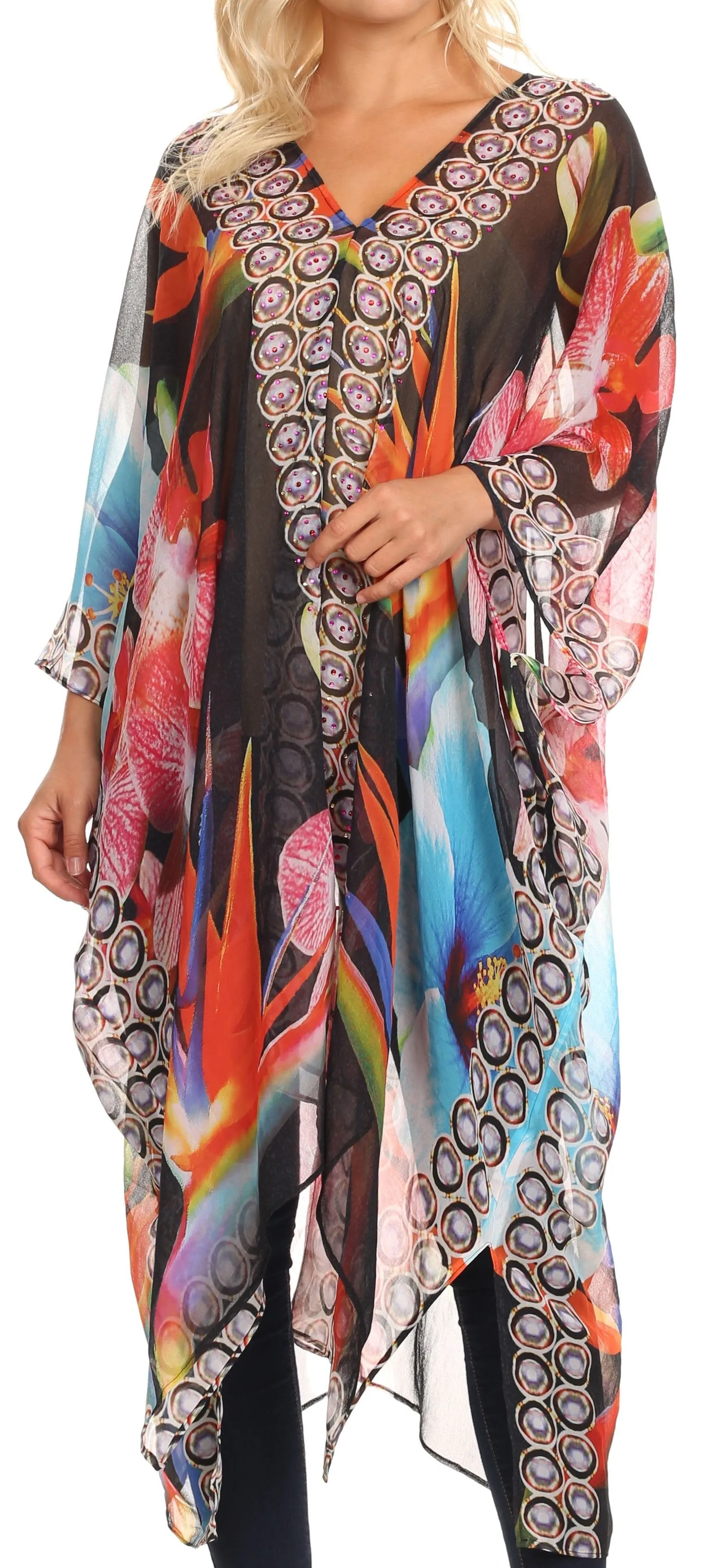 Sakkas Livi  Women's V Neck Beach Dress Cover up Caftan Top Loose with Rhinestone