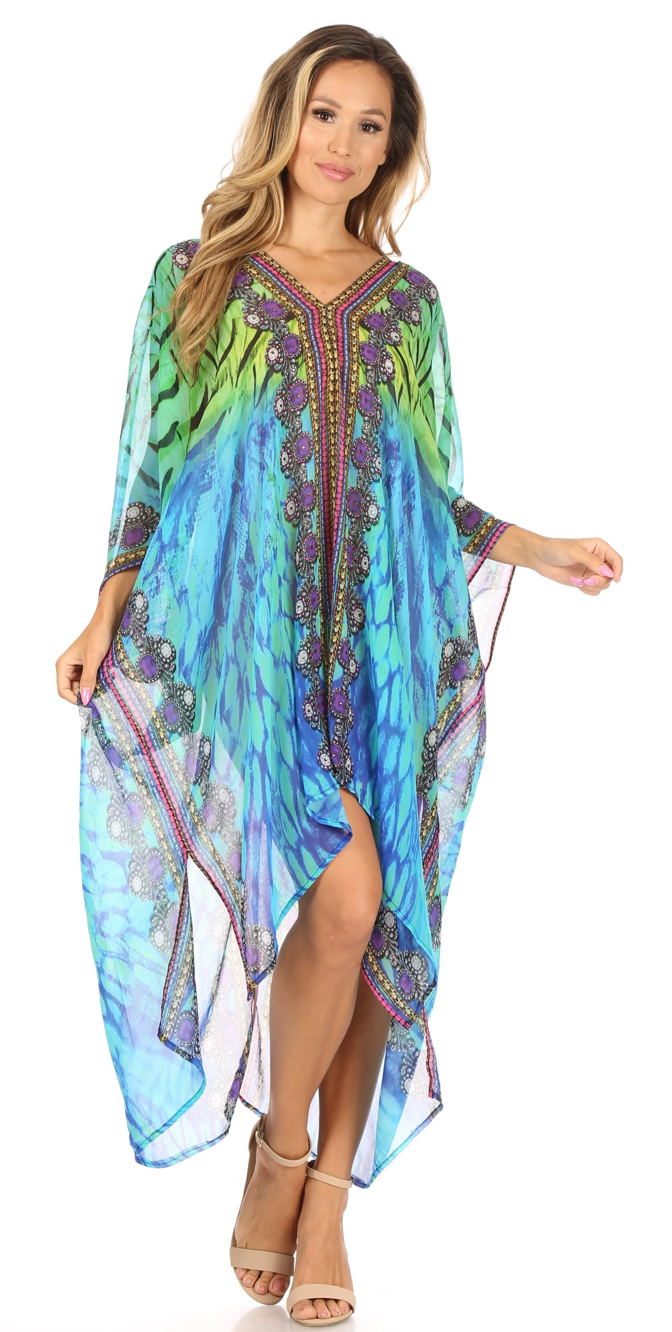 Sakkas Livi  Women's V Neck Beach Dress Cover up Caftan Top Loose with Rhinestone