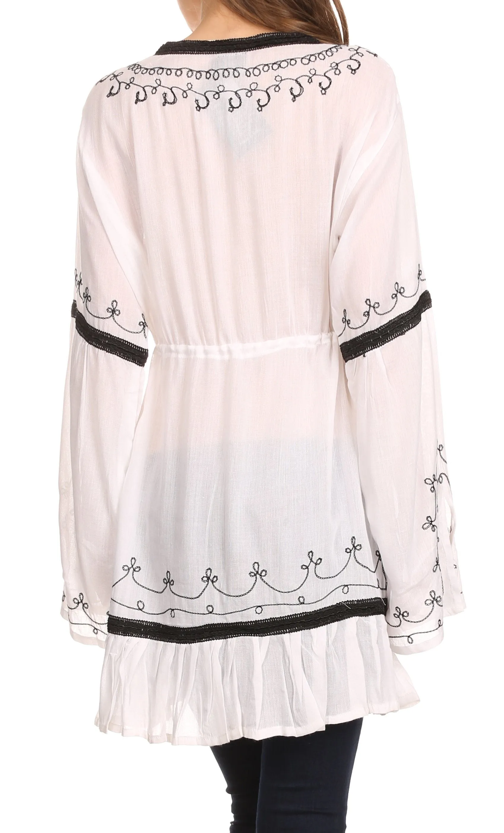 Sakkas Melina Embroidered V-Neck Kimono Sleeves Rayon Tunic Blouse / Cover-up