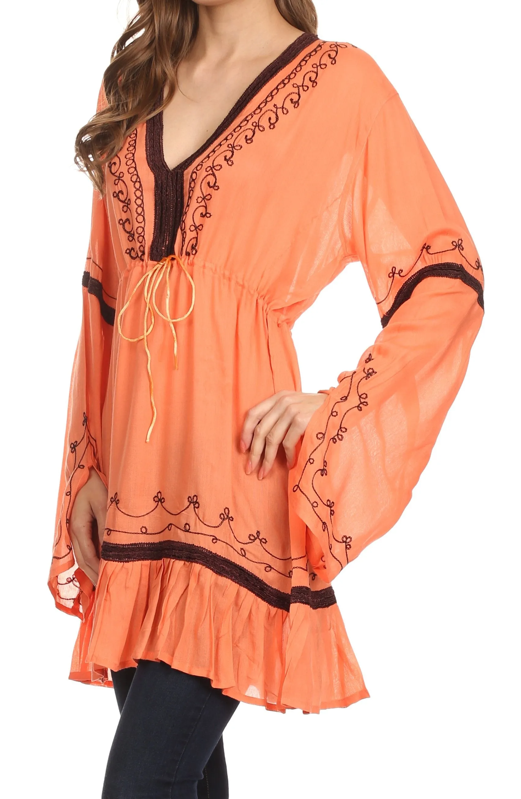 Sakkas Melina Embroidered V-Neck Kimono Sleeves Rayon Tunic Blouse / Cover-up