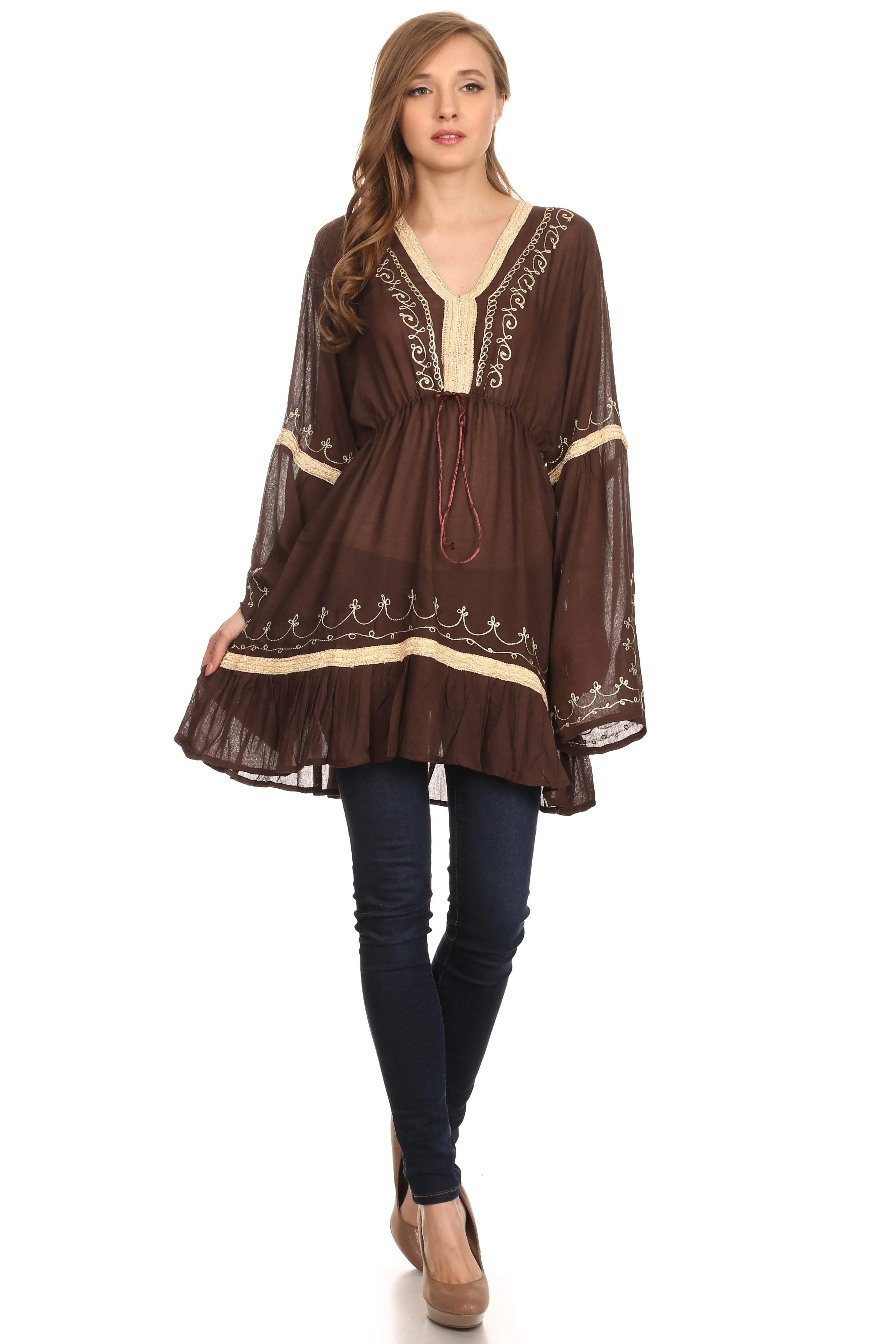 Sakkas Melina Embroidered V-Neck Kimono Sleeves Rayon Tunic Blouse / Cover-up