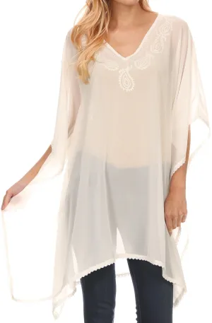 Sakkas Mikaee Sheer Wide Long Tall V-Neck Lace Embroidered Poncho Top Blouse