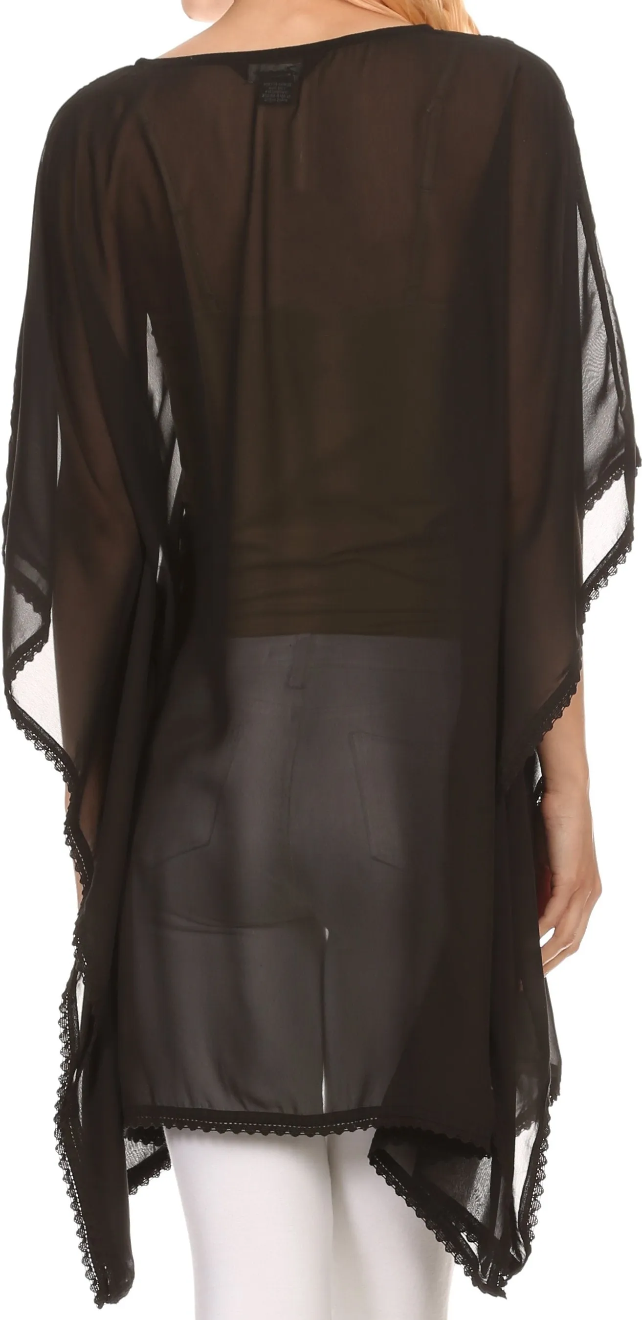 Sakkas Mikaee Sheer Wide Long Tall V-Neck Lace Embroidered Poncho Top Blouse