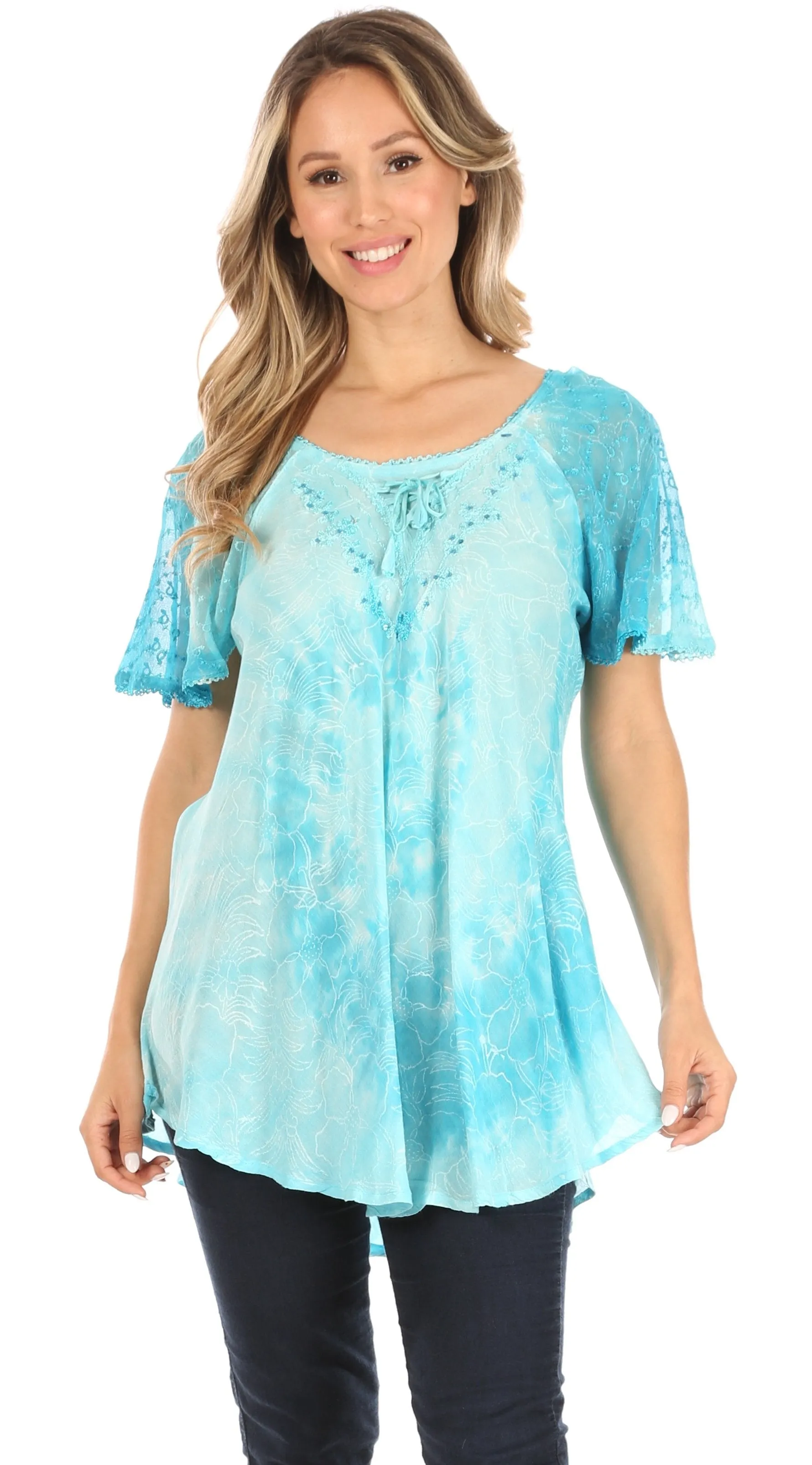 Sakkas Petra Women's Casual Loose Flared Corset Short Sleeve Lace Blouse Top Tunic