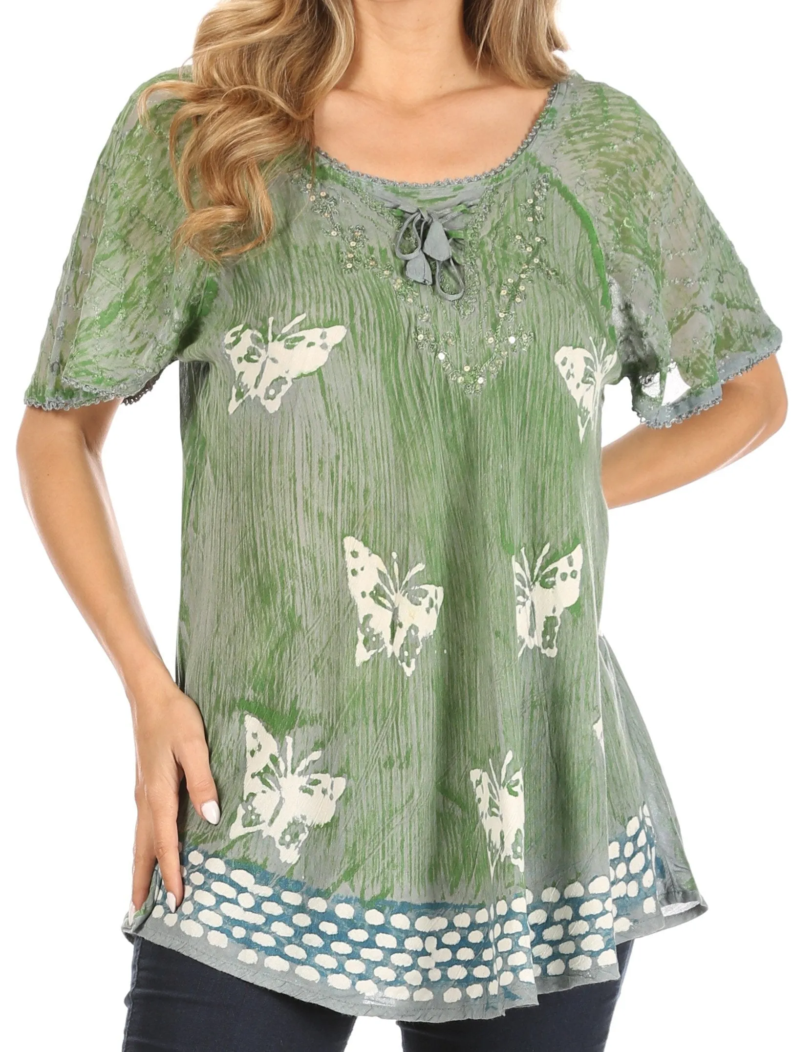 Sakkas Petra Women's Casual Loose Flared Corset Short Sleeve Lace Blouse Top Tunic