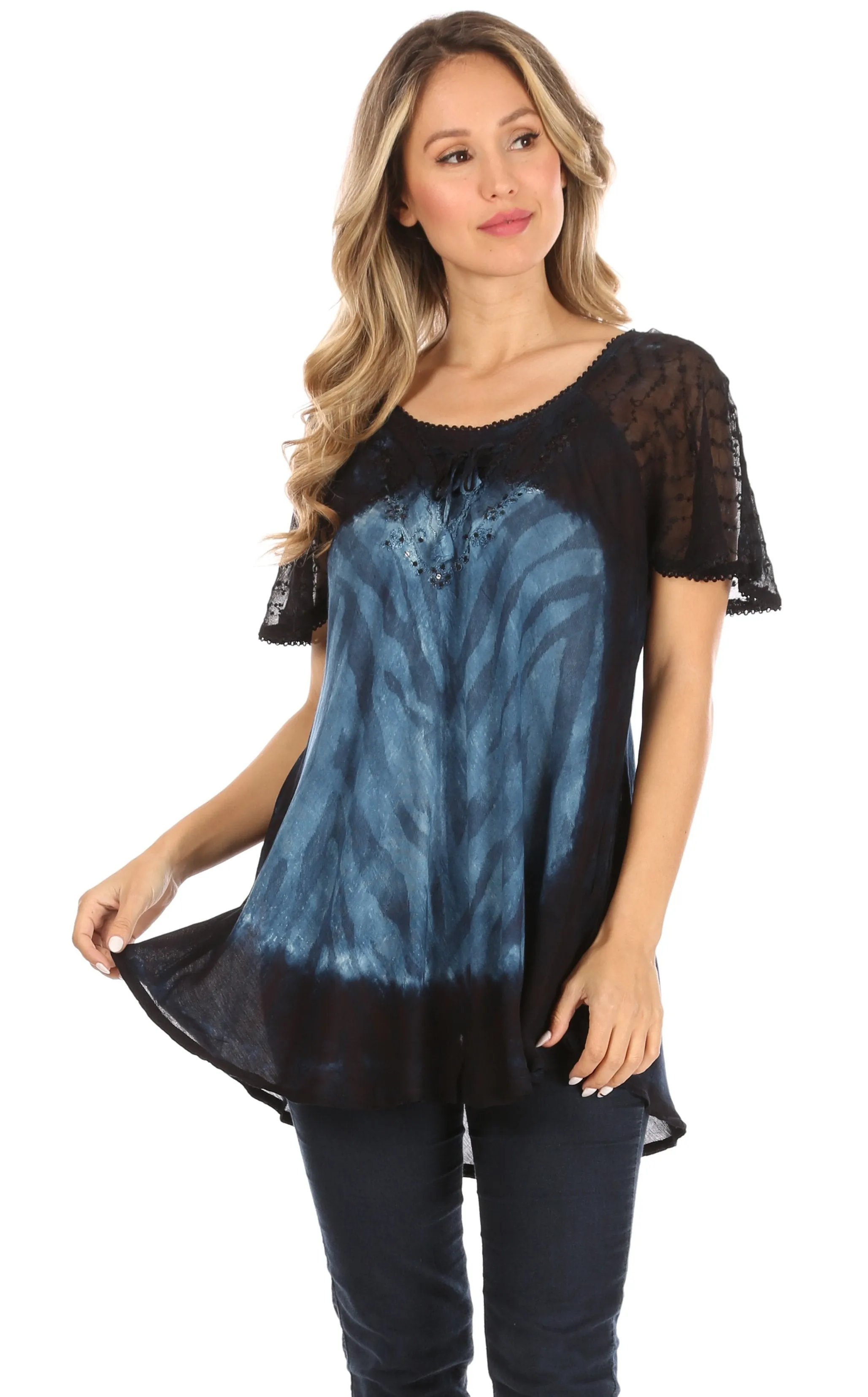 Sakkas Petra Women's Casual Loose Flared Corset Short Sleeve Lace Blouse Top Tunic