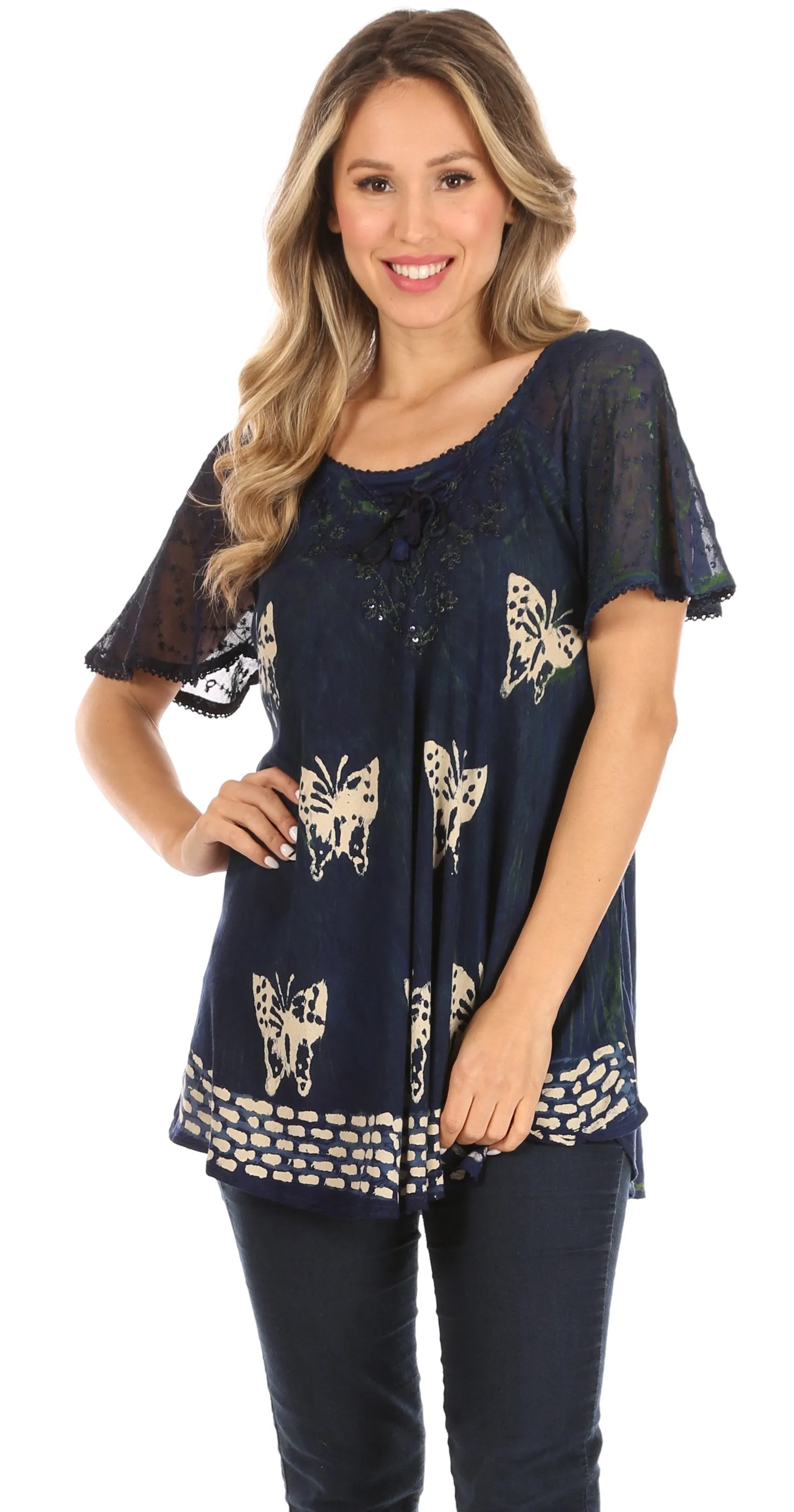 Sakkas Petra Women's Casual Loose Flared Corset Short Sleeve Lace Blouse Top Tunic