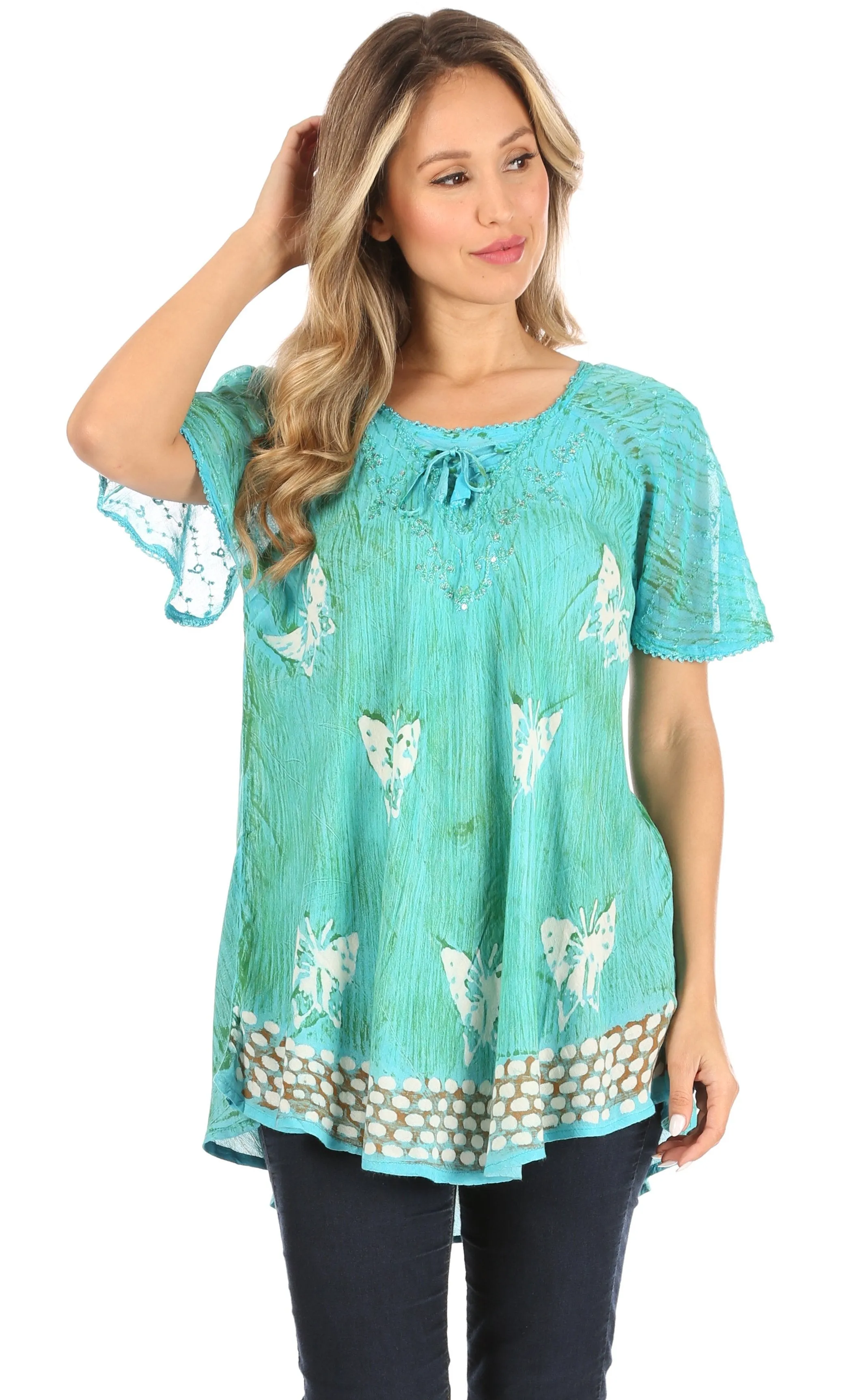 Sakkas Petra Women's Casual Loose Flared Corset Short Sleeve Lace Blouse Top Tunic