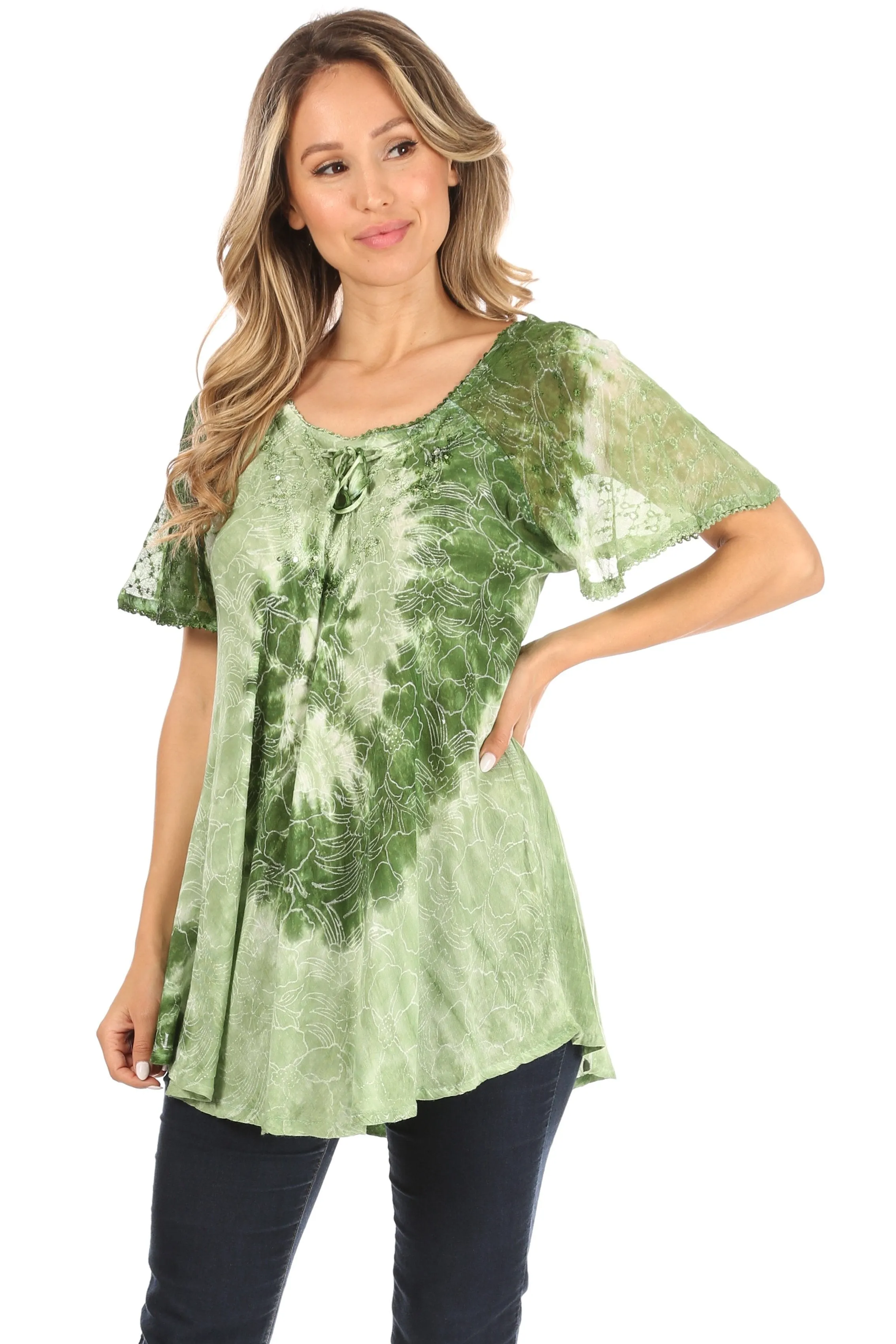 Sakkas Petra Women's Casual Loose Flared Corset Short Sleeve Lace Blouse Top Tunic