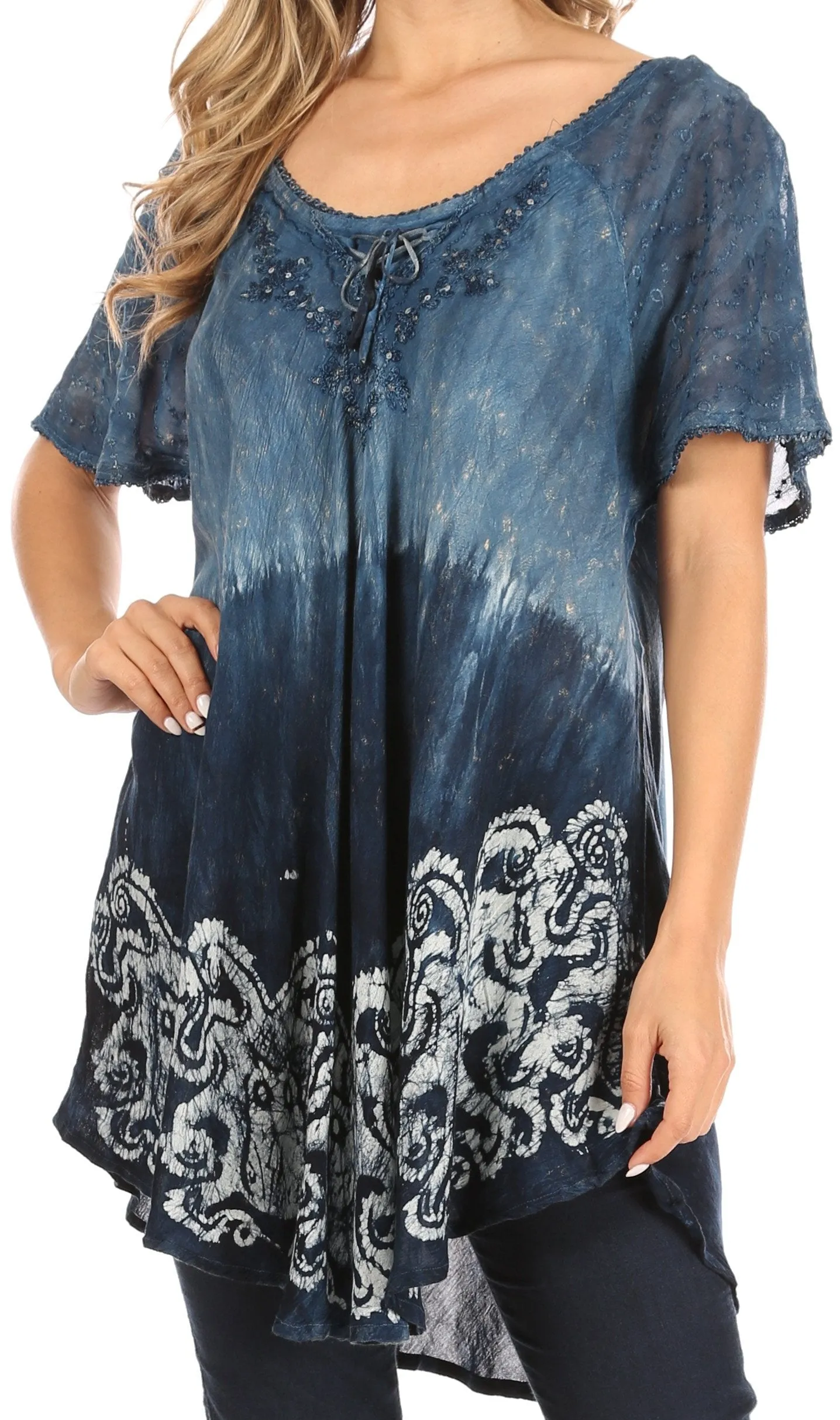 Sakkas Petra Women's Casual Loose Flared Corset Short Sleeve Lace Blouse Top Tunic