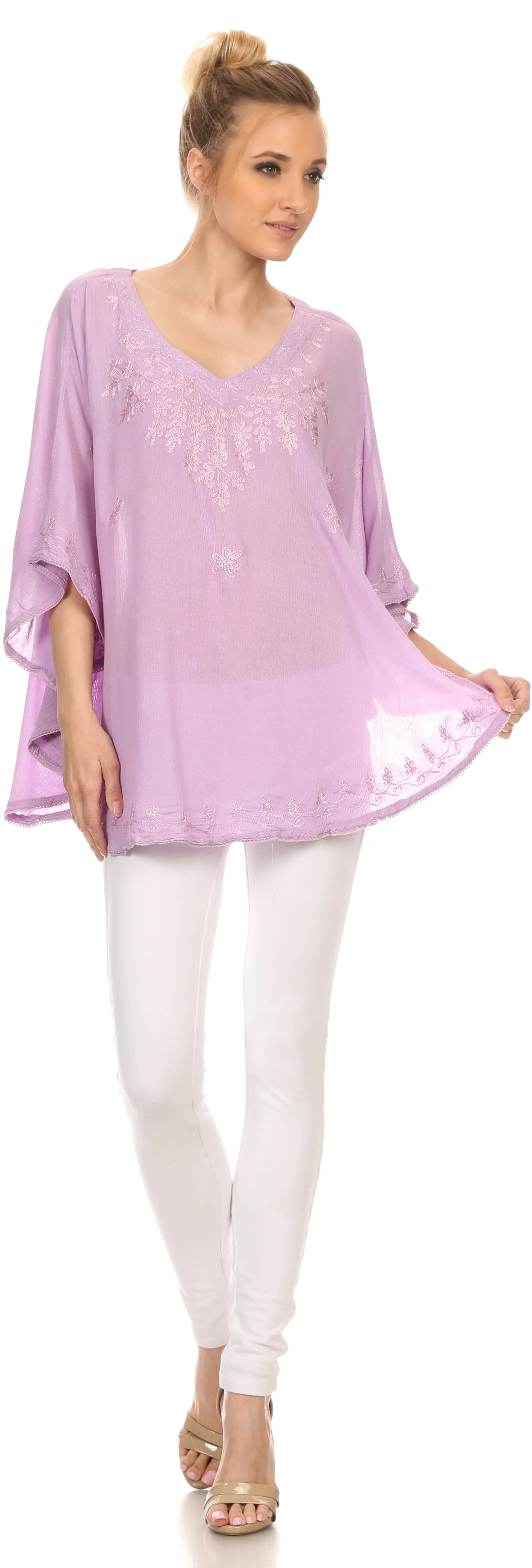 Sakkas Valeray Nature Floral Embroidered Wide Long Poncho Tunic Blouse Shirt Top