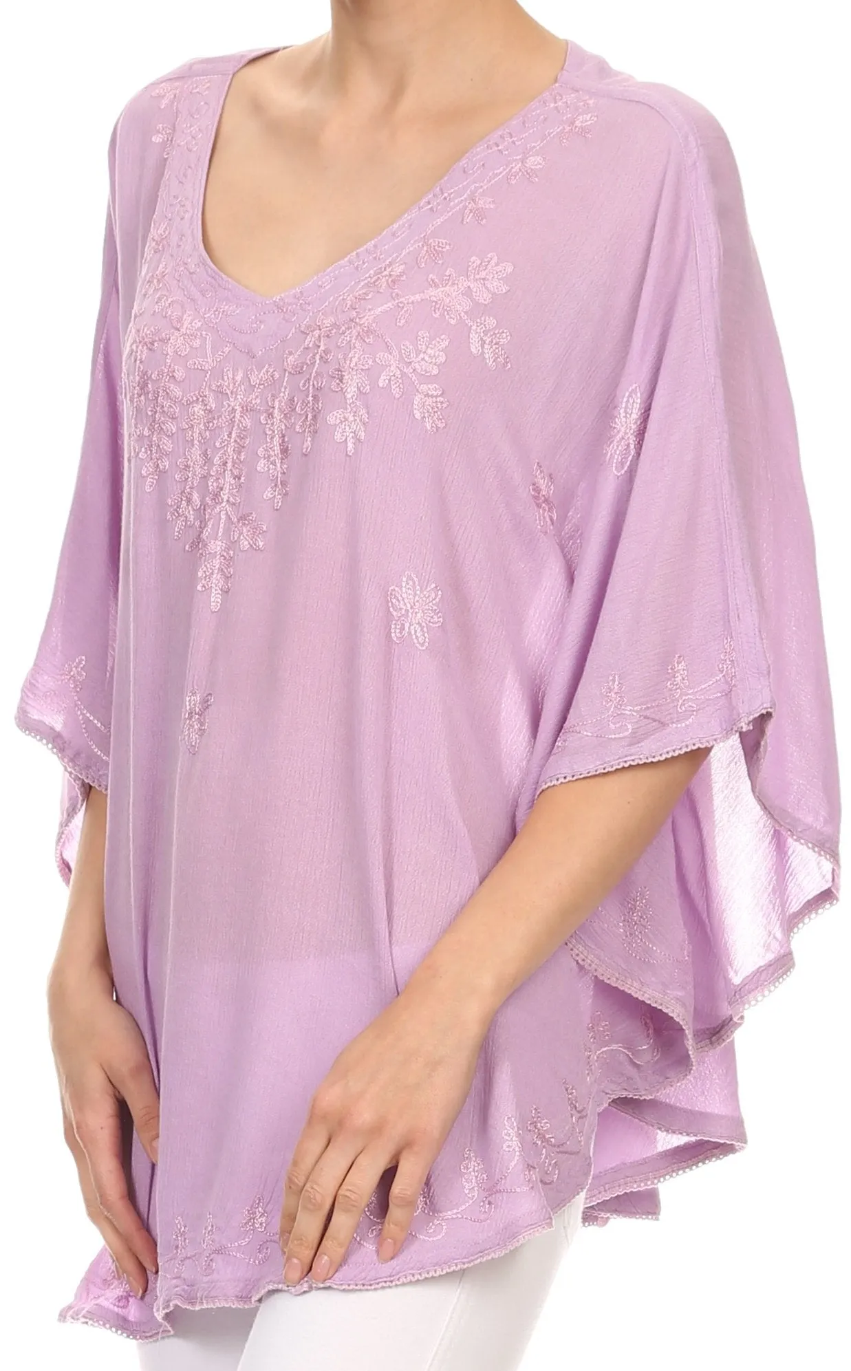 Sakkas Valeray Nature Floral Embroidered Wide Long Poncho Tunic Blouse Shirt Top