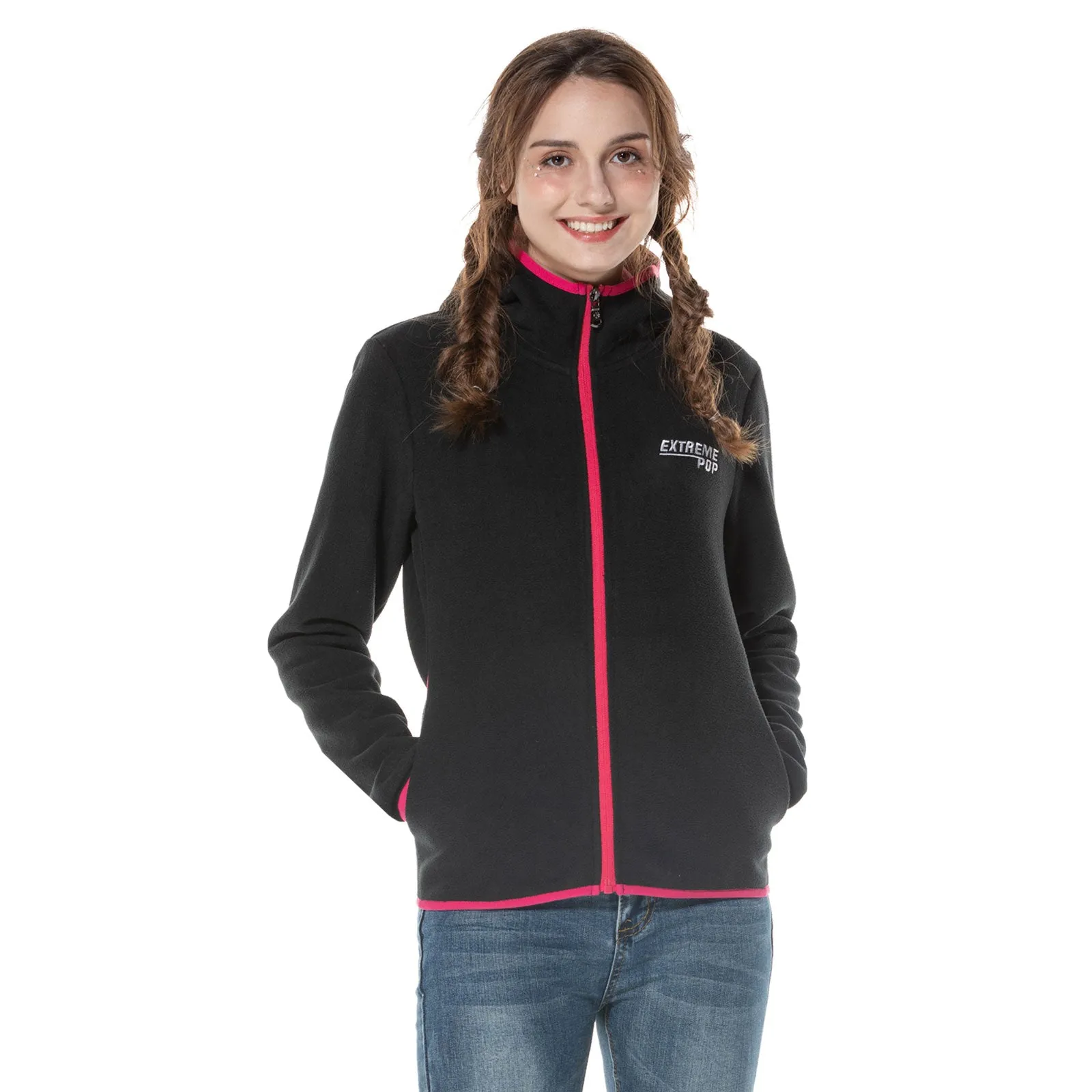 Trimmed Stretch Women's Fleece Hoodie Black and Cerise size S M L XL