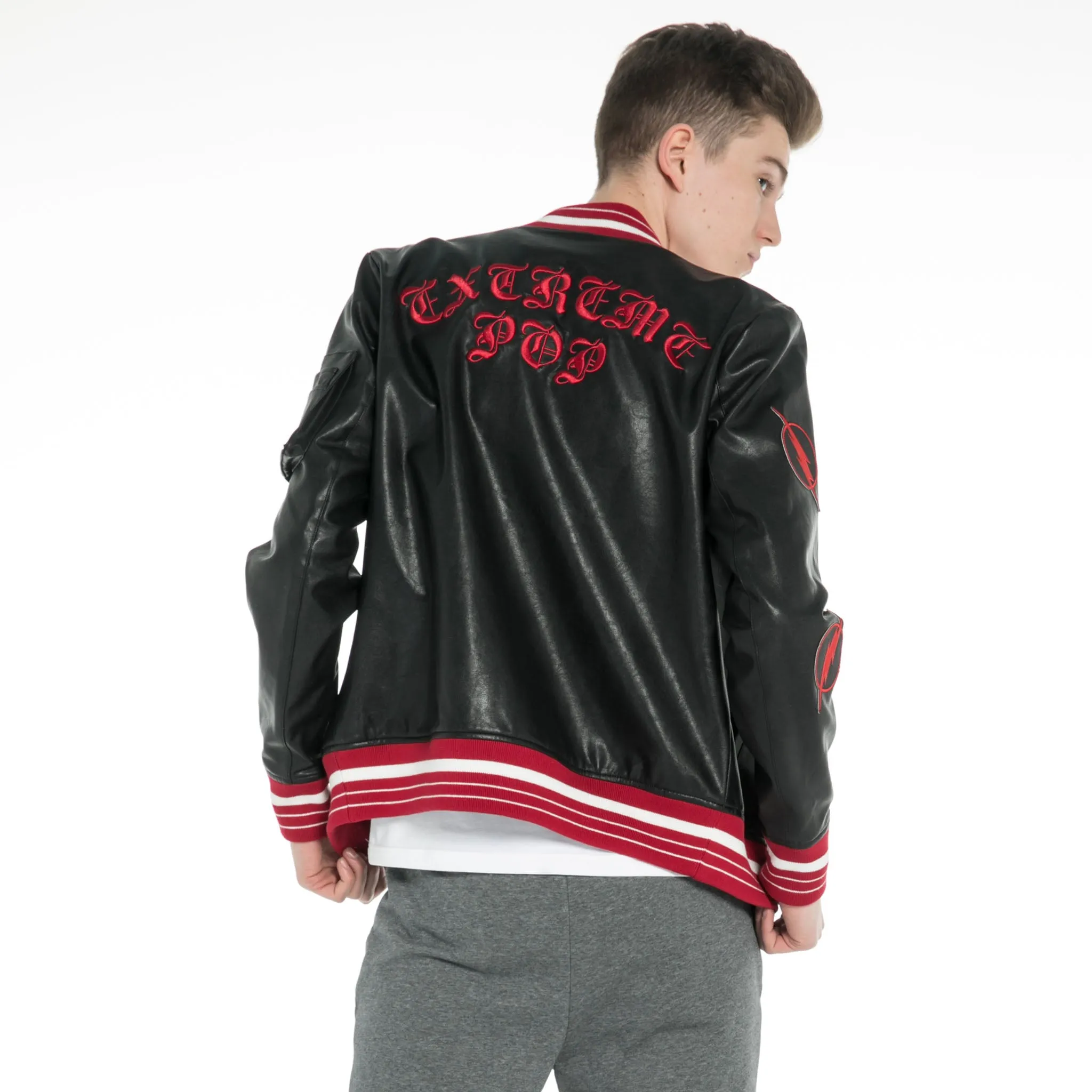 Washed Faux Leather Baseball Jacket