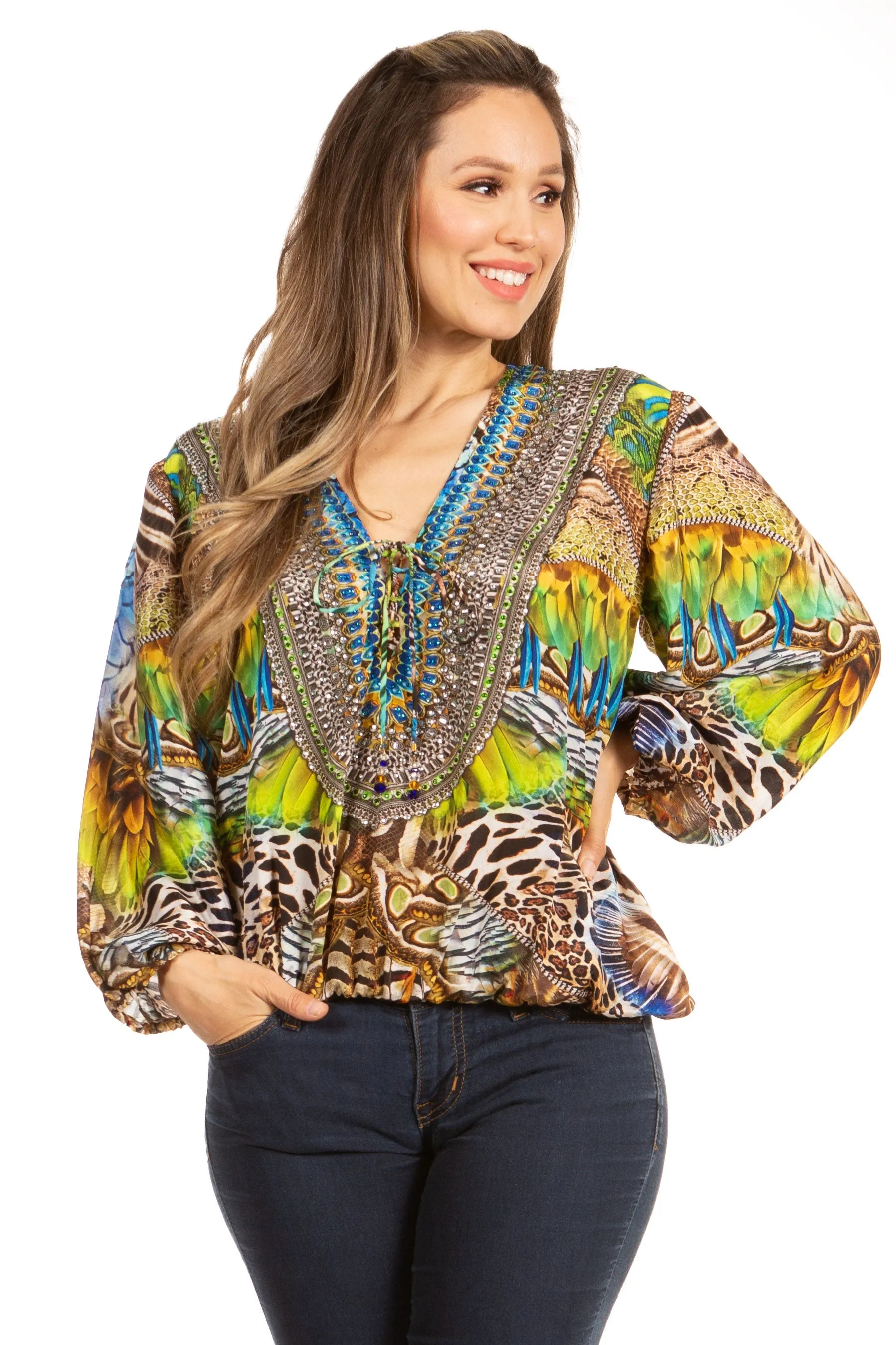 Women's Boho Floral Tunic Top with V-Neck and Elastic Sleeves by Sakkas Sante