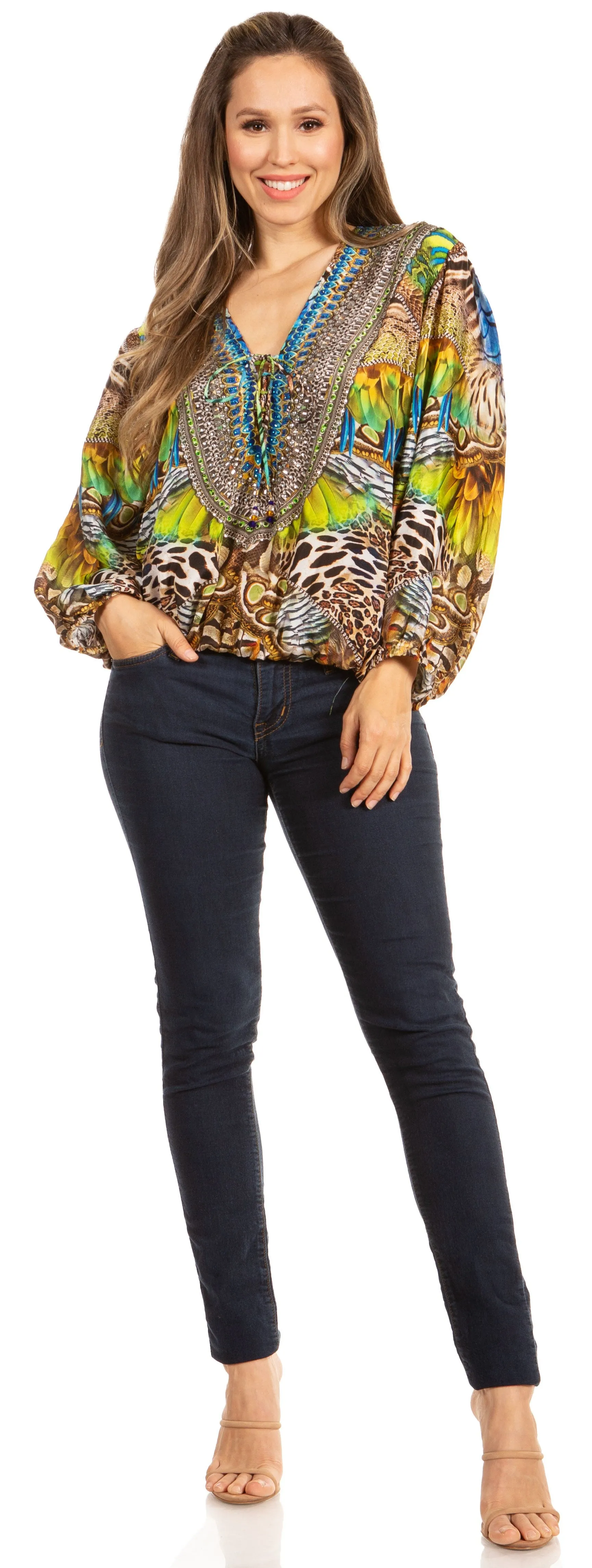 Women's Boho Floral Tunic Top with V-Neck and Elastic Sleeves by Sakkas Sante