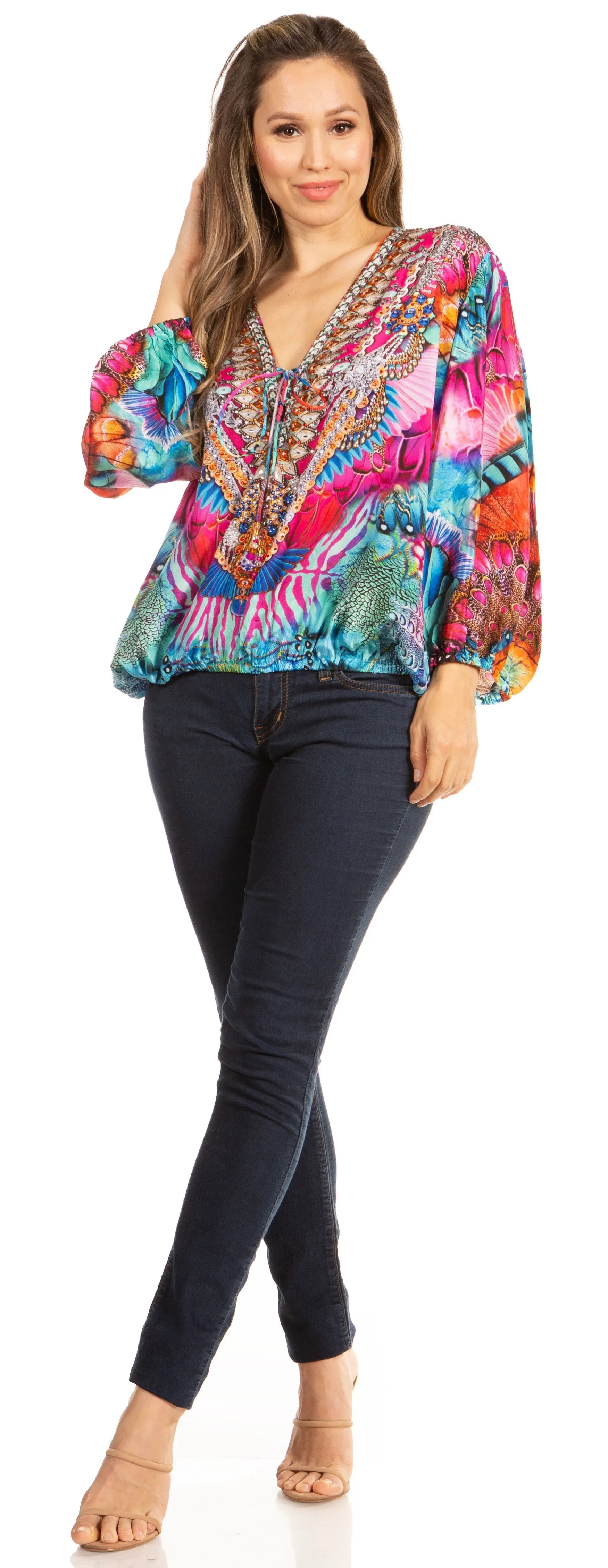 Women's Boho Floral Tunic Top with V-Neck and Elastic Sleeves by Sakkas Sante