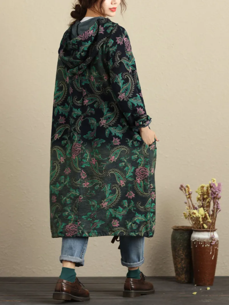 Women's Side Pocket Style Hooded Print Cardigan